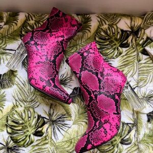 Wild pair pink Snake Print Ankle Boots with Clear Heels